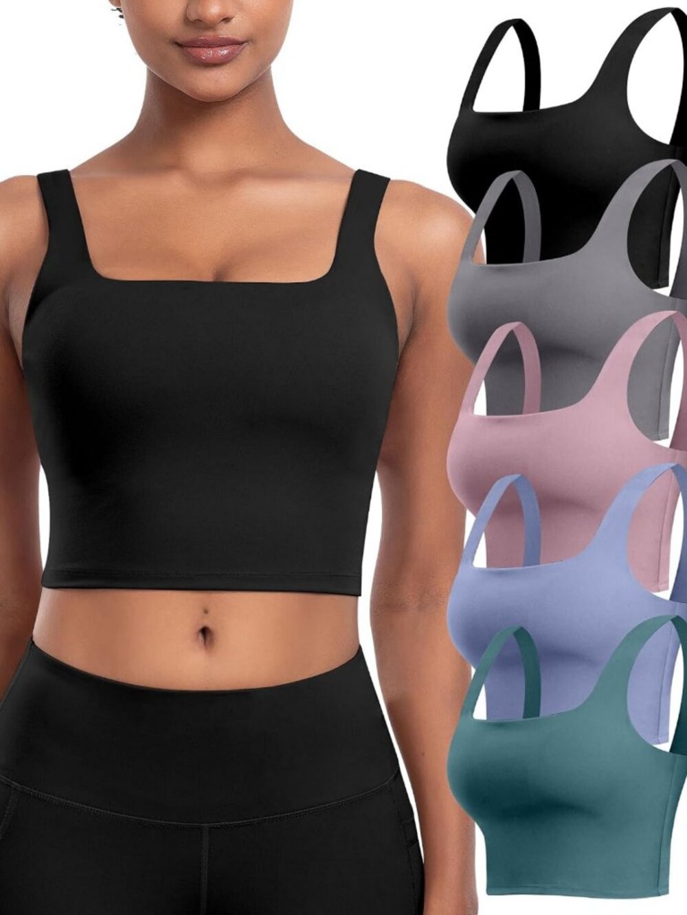 5 Pack Women's Longline Sports Bras - Padded Yoga Crop Tops & Workout Camisoles